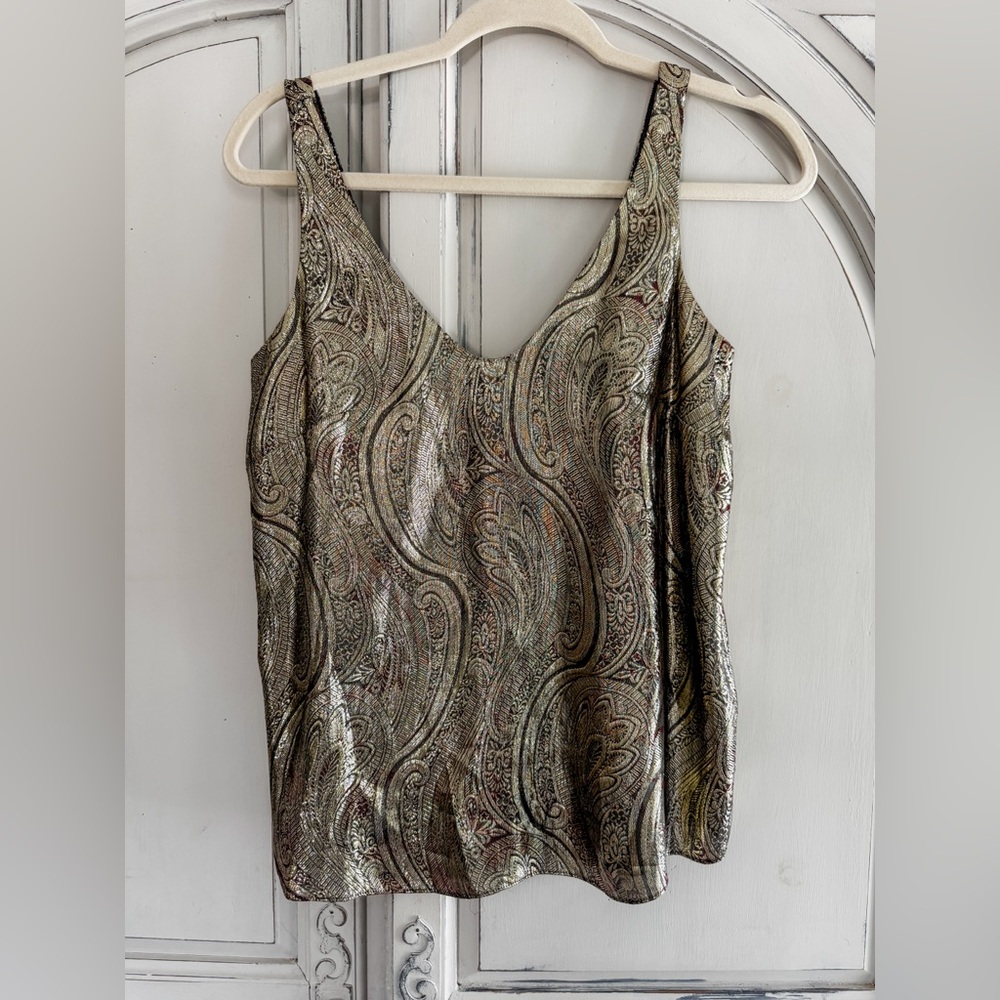 J.Crew Paisley Silk Tank Top NWT Size 00 Oversized Metallic Gold Black